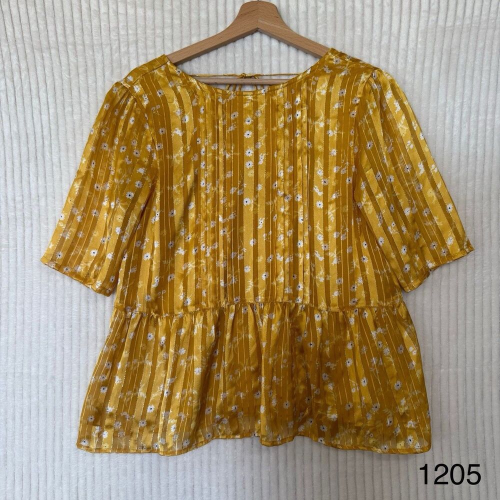 ICHI Peplum Floral Striped Short Sleeve Blouse Size Small Boho